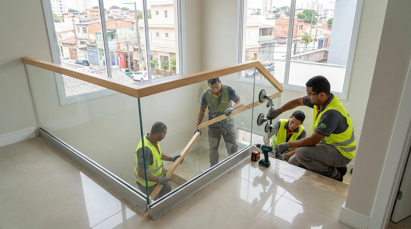Guarda-corpo de vidro sendo instalado